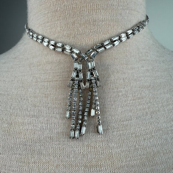 Vintage Kramer Clear Rhinestone Waterfall Necklace 15.5" - Picture 2 of 14